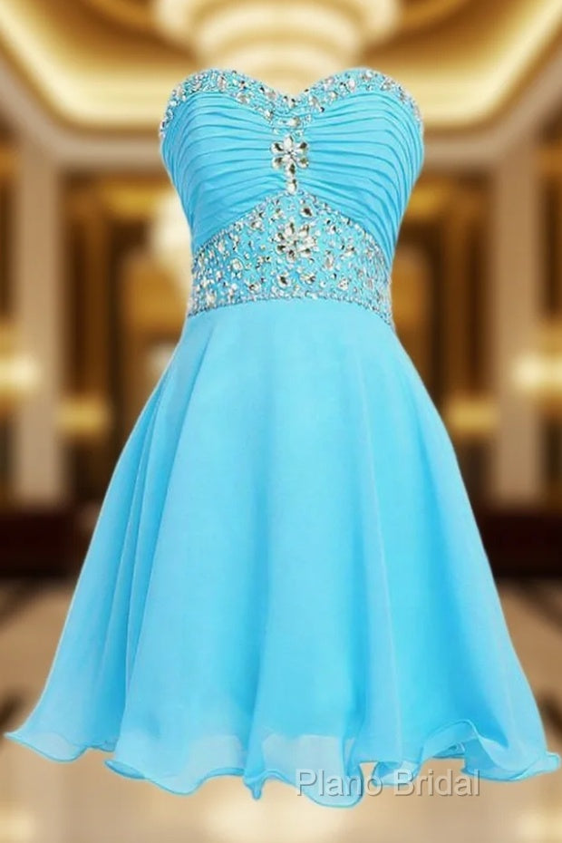 A-Line Knee Length Chiffon Blue Homecoming Dresses With Crystals Main image