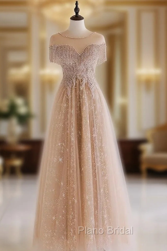 A-Line Lace Champagne Long Formal Prom Dresses, Champagne Lace Long Formal Dresses Main image