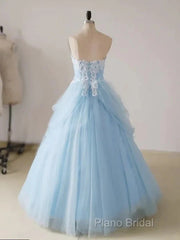 A-Line Lace Chicken Heart Collar Blue Long Ball Dresses Sky Blue Formal Prom Dresses