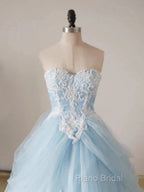 A-Line Lace Chicken Heart Collar Blue Long Ball Dresses Sky Blue Formal Prom Dresses
