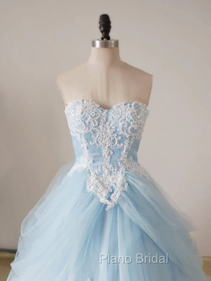 A-Line Lace Sweetheart Neck Blue Long Formal Prom Dresses
