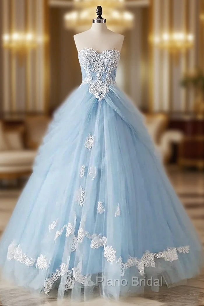 A-Line Lace Sweetheart Neck Blue Long Formal Prom Dresses