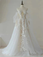 A-Line Lace Tulle Long Formal Prom Dresses Bride Gown Wedding Dresses Beautiful