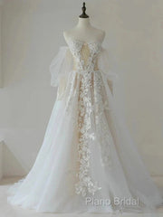 A-Line Lace Tulle Long Formal Prom Dresses Bride Gown Wedding Dresses Beautiful