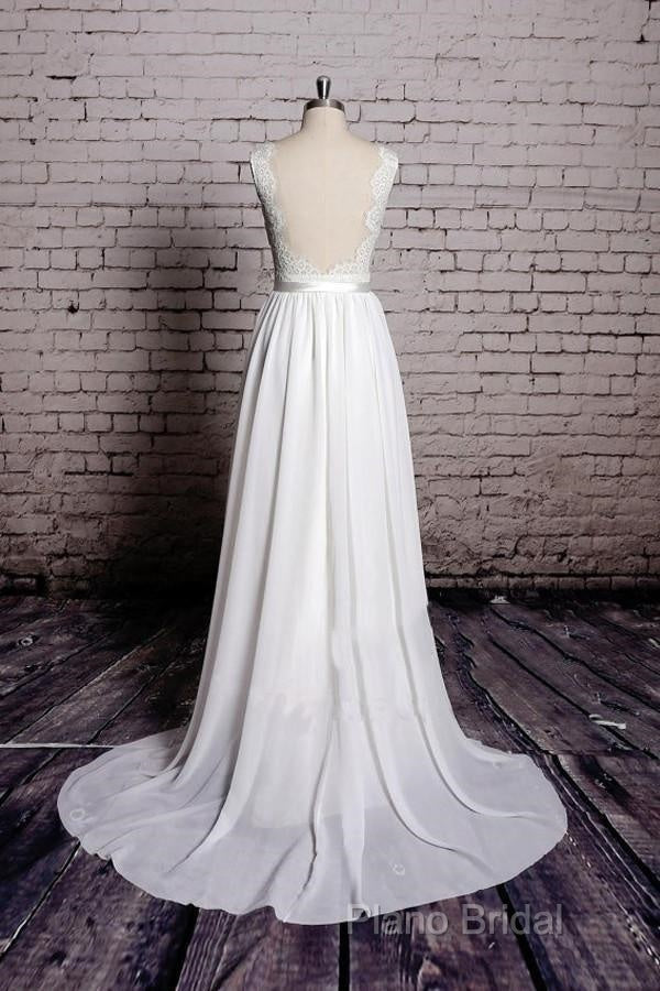 A-Line Lace V-Neck Backless Sheath Long Wedding Dresses