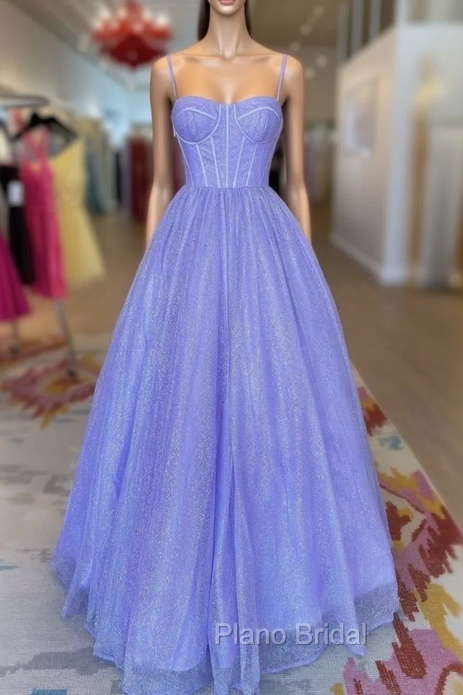 A-Line Lavender Shiny Tulle Formal Prom Dresses, Long Spaghetti Strap Evening Dresses Main image