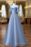 A-line Light Blue and Pink Long Evening Dresses, Blue Party Dresses Formal Prom Dresses