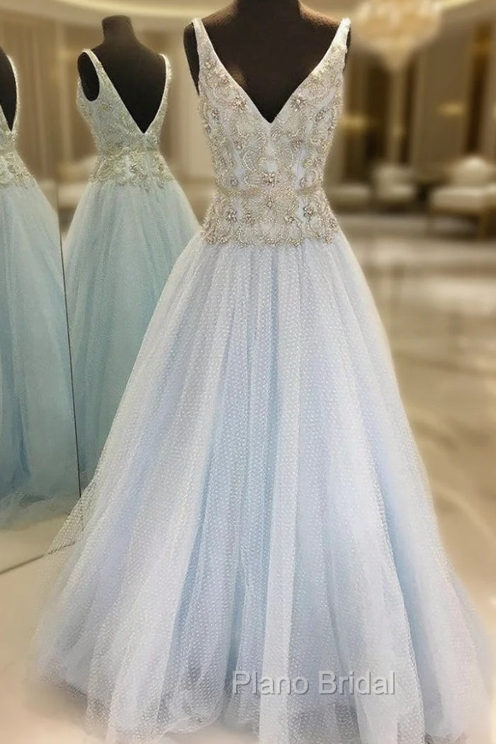 A-Line Light Blue Tulle V-neck Backless With Beading Formal Prom Dresses