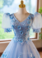 A-Line Light Blue Tulle With Lace Short Sleeves Formal Prom Dresses, Tulle Sweet 16 Dresses