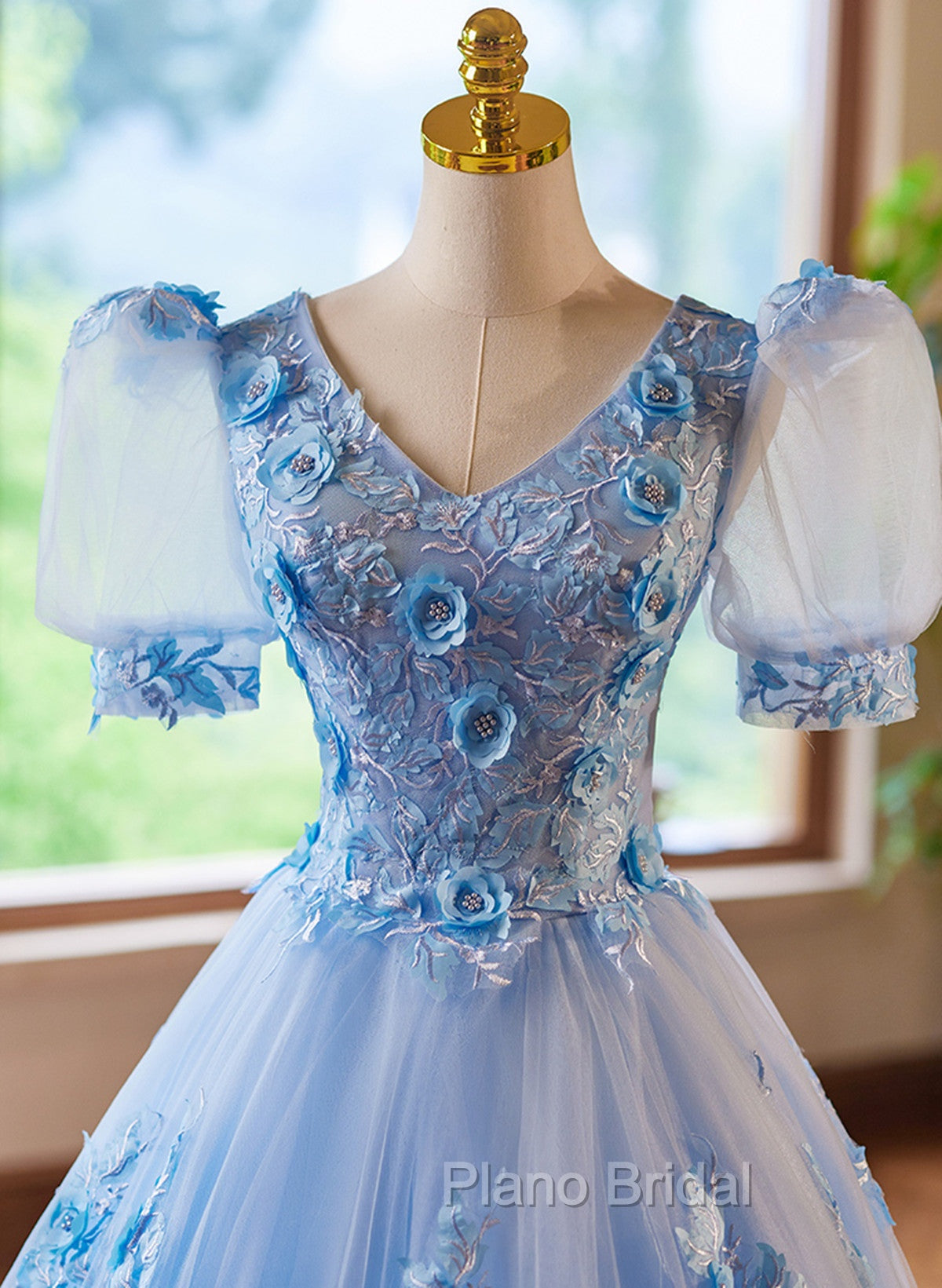 A-Line Light Blue Tulle With Lace Short Sleeves Formal Prom Dresses, Tulle Sweet 16 Dresses