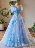 A-Line Light Blue Tulle With Lace Short Sleeves Formal Prom Dresses, Tulle Sweet 16 Dresses