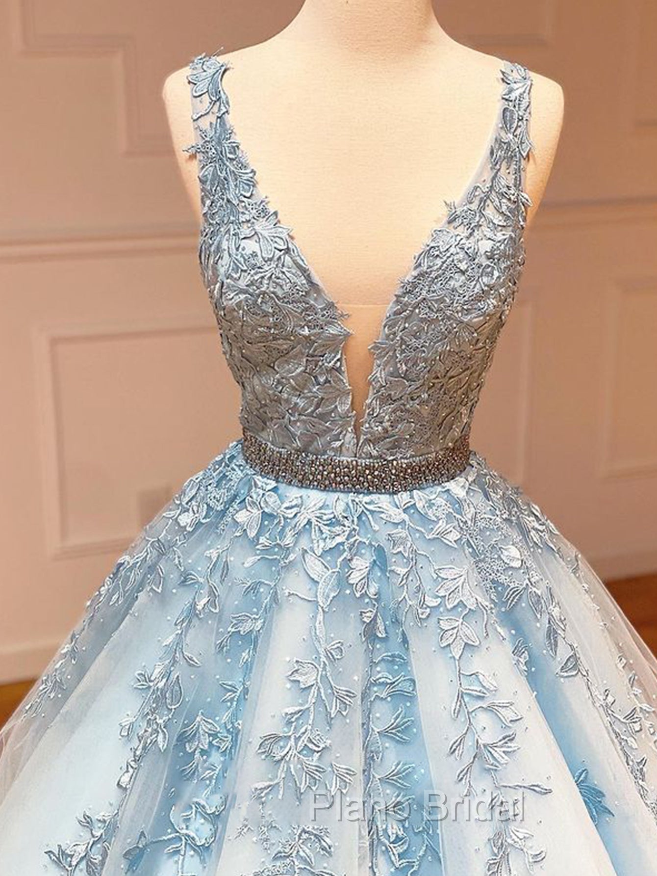 A Line Light Blue V Neck Lace Long Formal Prom Dresses Secondary image