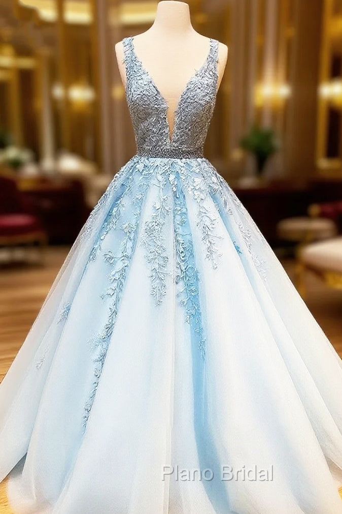 A Line Light Blue V Neck Lace Long Formal Prom Dresses Main image