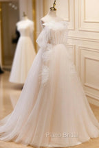 A-Line Light Champagne Long Formal Prom Dresses, Light Champagne Lace Formal Dresses