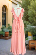 A-Line Light Coral Ruffled Flutter Sleeves Chiffon Bridesmaid Dress