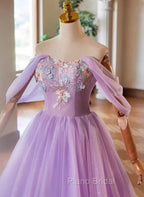 A-Line Light Purple Sweethart Lace Applique Party Dresses, Purple Long Formal Prom Dresses