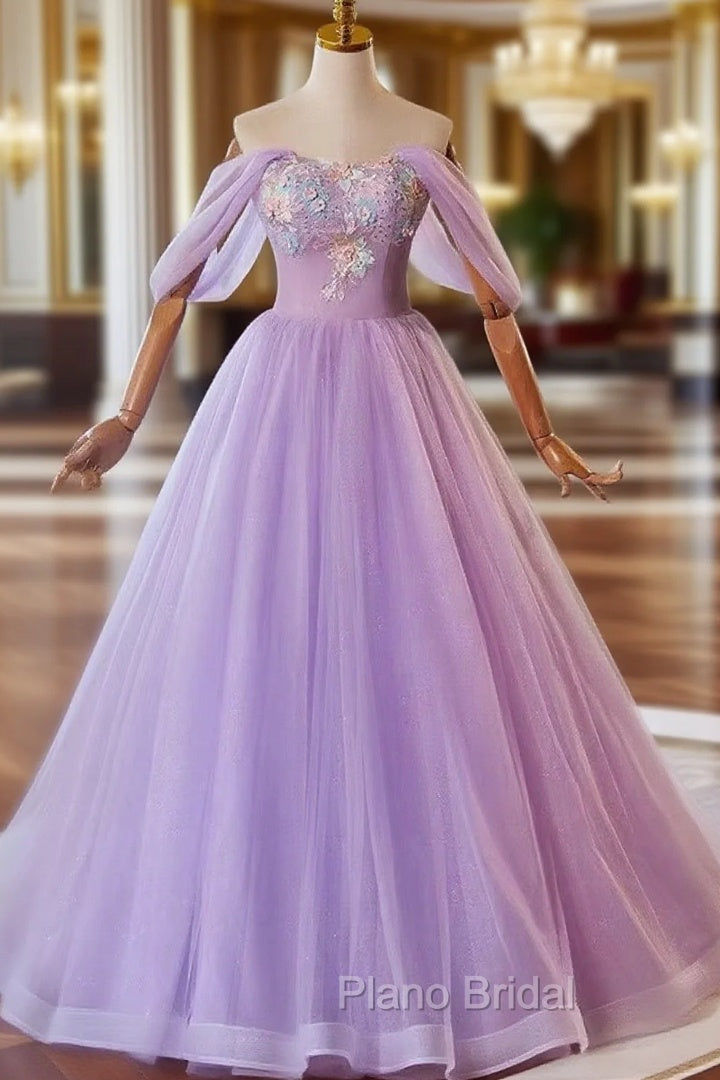 A-Line Light Purple Sweethart Lace Applique Party Dresses, Purple Long Formal Prom Dresses Main image