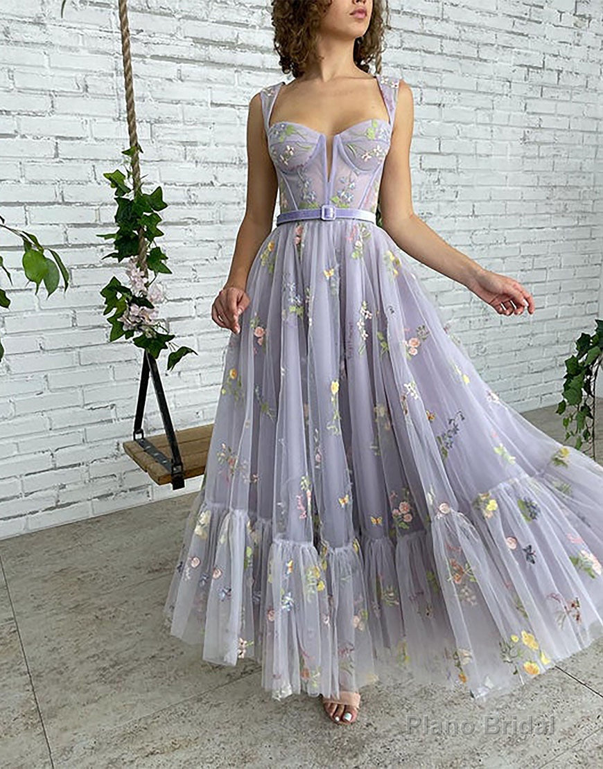 A-line Lilac Tea Length Tulle Prom Dress with Embroidery Main image