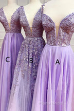 A-Line Long Lace Purple Formal Prom Dresses V-Neck Lilac Party Dresses