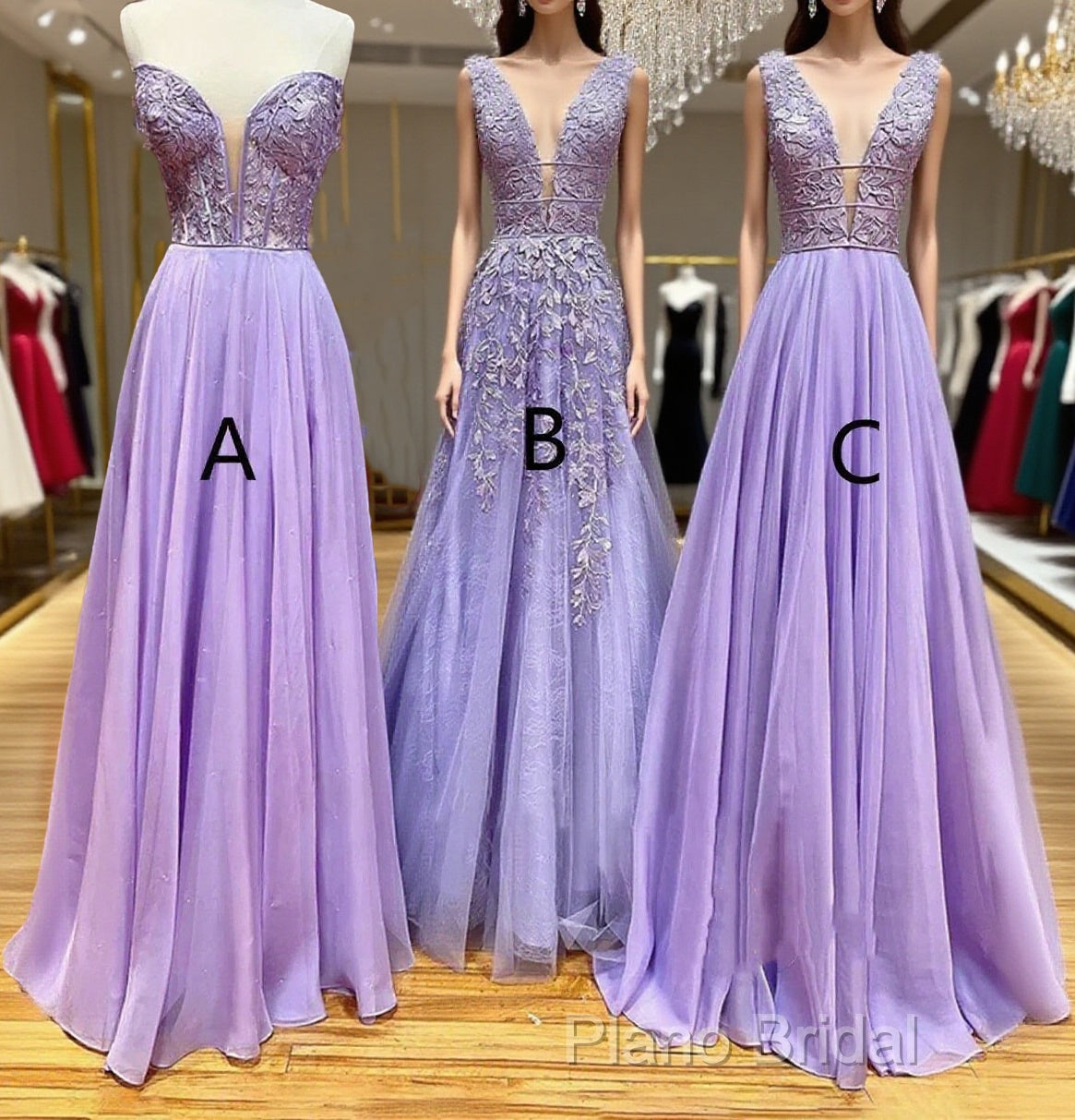 A-Line Long Lace Purple Formal Prom Dresses V-Neck Lilac Party Dresses Main image