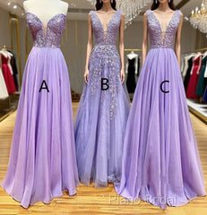 A-Line Long Lace Purple Formal Prom Dresses V-Neck Lilac Party Dresses
