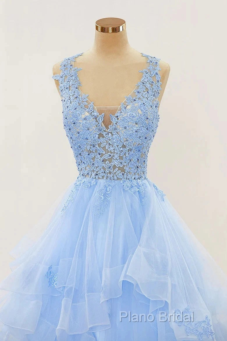 A-Line Long Layers Lace Formal Prom Dresses Light Blue Beaded Appliques Secondary image