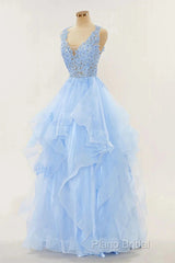 A-Line Long Layers Lace Formal Prom Dresses Light Blue Beaded Appliques