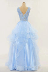A-Line Long Layers Lace Formal Prom Dresses Light Blue Beaded Appliques