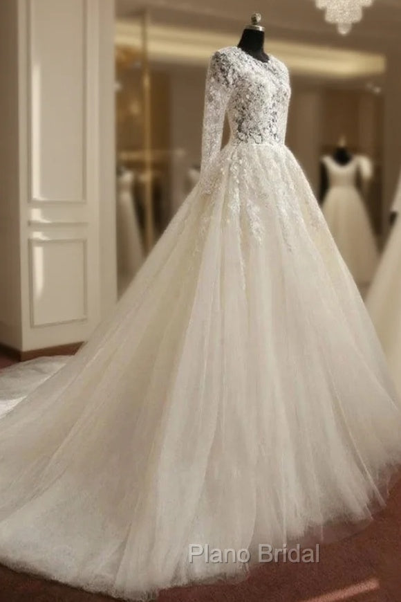 A-Line Long Sleeve Bell Beading Appliques Flower Zipper Keyhole Tulle Lace Dresses Main image