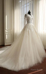 A-Line Long Sleeve Bell Beading Appliques Flower Zipper Keyhole Tulle Lace Dress