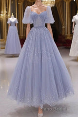 A-Line Long sleeves Beading Gray Blue Long Formal Prom Dress, Gray Blue Formal Dress