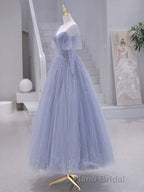 A-Line Long sleeves Beading Gray Blue Long Formal Prom Dress, Gray Blue Formal Dress