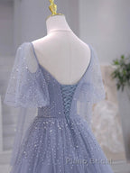 A-Line Long sleeves Beading Gray Blue Long Formal Prom Dress, Gray Blue Formal Dress