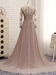 A Line Long Sleeves Lace Formal Prom Dresses Chiffon Formal Gown