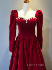 A Line Long Sleeves Red Velvet Formal Prom Dresses