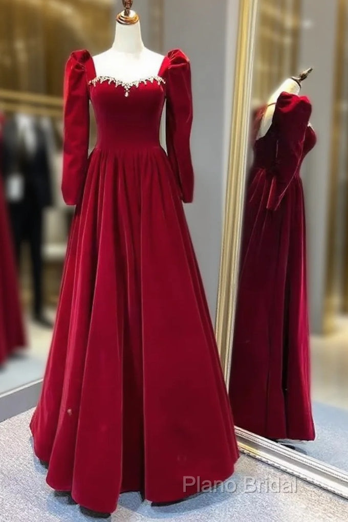 A Line Long Sleeves Red Velvet Formal Prom Dresses