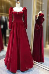 A Line Long Sleeves Red Velvet Formal Prom Dresses