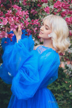 A line Long Sleeves Satin Tulle Prom Dress with Slit