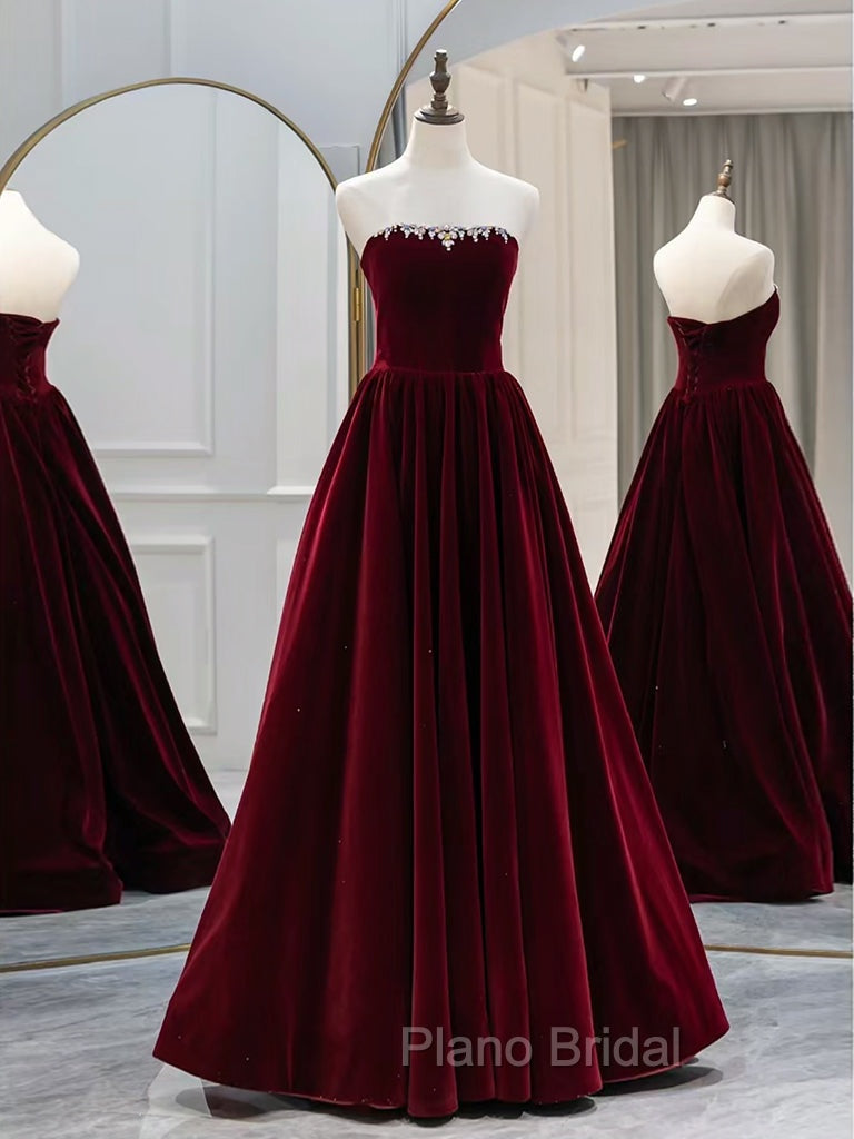 A-Line Long Sleeves Velvet Burgundy Long Formal Prom Dresses, Burgundy Long Evening Dresses with Beads Secondary image