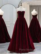 A-Line Long Sleeves Velvet Burgundy Long Formal Prom Dresses, Burgundy Long Evening Dresses with Beads