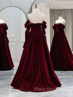 A-Line Long Sleeves Velvet Burgundy Long Formal Prom Dresses, Burgundy Long Evening Dresses with Beads