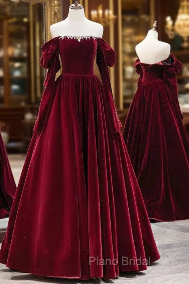 A-Line Long Sleeves Velvet Burgundy Long Formal Prom Dresses, Burgundy Long Evening Dresses with Beads Main image
