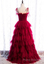 A-Line Long Spaghetti Strap Red Formal Prom Dresses,Black Layers Tulle Evening Dresses