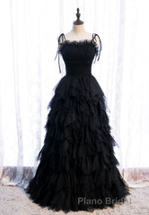 A-Line Long Spaghetti Strap Red Formal Prom Dresses,Black Layers Tulle Evening Dresses