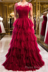 A-Line Long Spaghetti Strap Red Formal Prom Dresses,Black Layers Tulle Evening Dresses