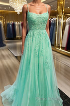 A Line Mint Green Lace Long Formal Prom Dresses, Mint Green Lace Formal Graduation Evening Dresses