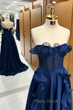 A Line Navy Blue Corset Ruffle Maxi Formal Prom Dresses