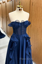 A Line Navy Blue Corset Ruffle Maxi Formal Prom Dresses