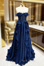 A Line Navy Blue Corset Ruffle Maxi Formal Prom Dresses