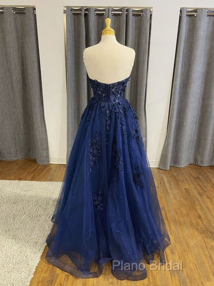 A Line Navy Blue Lace Long Formal Prom Dresses Strapless Graduation Formal Dresses Secondary image